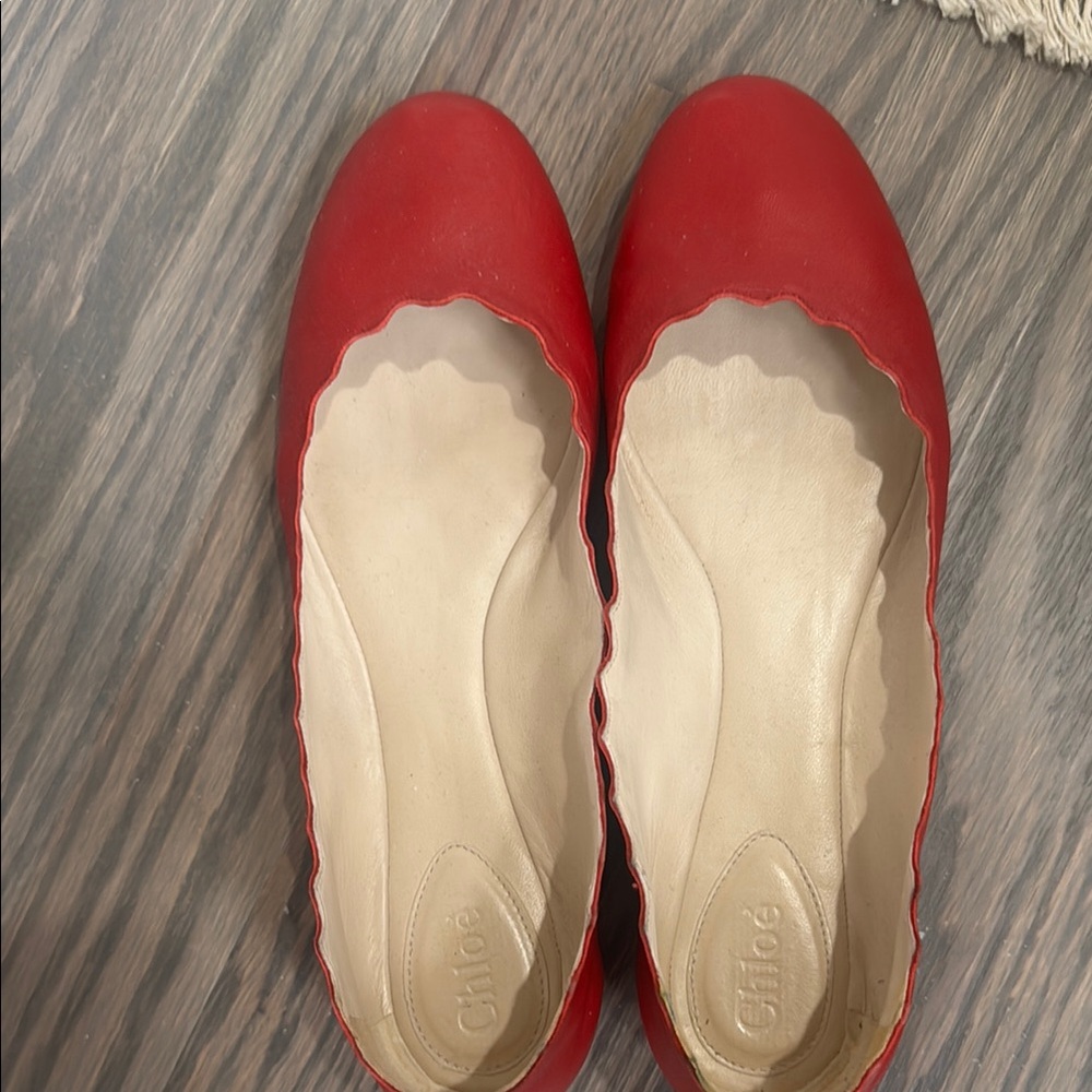 Chloe Red lamb skin Scalloped Ballet Flats